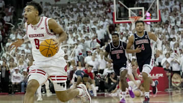 Wisconsin guard John Tonje (9) makes a fast break during the second half of their game against Arizona Friday, November 15, 2024 at the Kohl Center in Madison, Wisconsin.