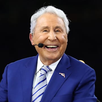 Jan 13, 2020; New Orleans, Louisiana, USA; Lee Corso smiles while on the ESPN set prior to the College Football Playoff national championship game with Clemson Tigers playing against the LSU Tigers at Mercedes-Benz Superdome. Mandatory Credit: Matthew Emmons-Imagn Images