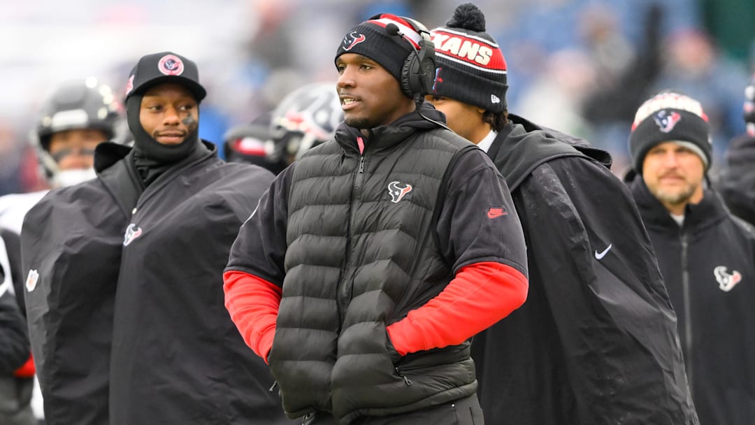 Jan 5, 2025; Nashville, Tennessee, USA;  Houston Texans head coach DeMeco Ryans watches from the sideline against the Tennessee Titans during the second half at Nissan Stadium. Mandatory Credit: Steve Roberts-Imagn Images