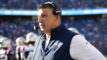 Sep 28, 2025; Foxborough, Massachusetts, USA;  New England Patriots head coach Mike Vrabel during the second half against the Carolina Panthers at Gillette Stadium. Mandatory Credit: Bob DeChiara-Imagn Images