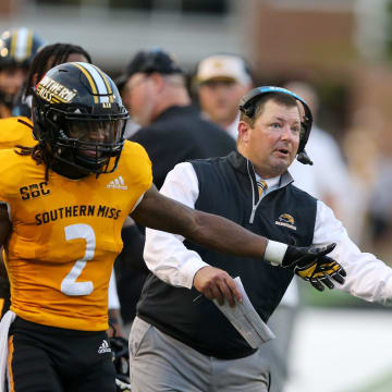 Sept. 2, 2023 - HATTIESBURG, MS. - Southern Miss Golden Eagles head coach Will Hall congratulates