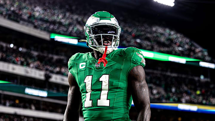 Oct 22, 2023; Philadelphia, Pennsylvania, USA; Philadelphia Eagles wide receiver A.J. Brown (11) reacts after a score against the Miami Dolphins during the fourth quarter at Lincoln Financial Field. Mandatory Credit: Bill Streicher-Imagn Images