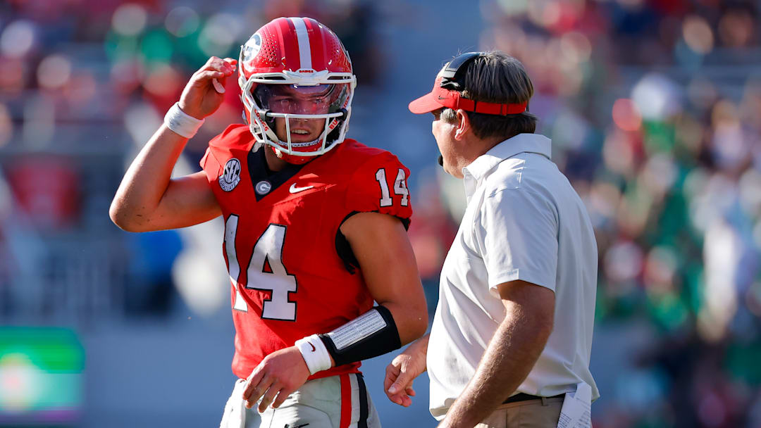 Kirby Smart coaching up Gunner Stockton during last week's Marshall game