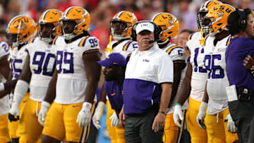 Sep 30, 2023; Oxford, Mississippi, USA; LSU Tigers head coach Brian Kelly watches from the sideline