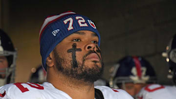 Jan 5, 2025; Philadelphia, Pennsylvania, USA; New York Giants guard Jermaine Eluemunor (72) in the tunnel against the Philadelphia Eagles at Lincoln Financial Field. Mandatory Credit: Eric Hartline-Imagn Images