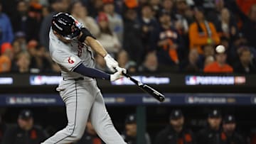 Oct 10, 2024; Detroit, Michigan, USA; Cleveland Guardians first base David Fry (6) hits a two run home run in the seventh inning against the Detroit Tigers during game four of the ALDS for the 2024 MLB Playoffs at Comerica Park. Mandatory Credit: Rick Osentoski-Imagn Images