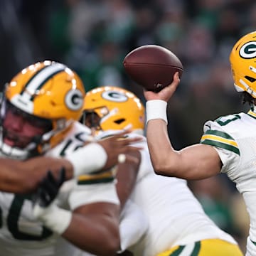 Jan 12, 2025; Philadelphia, Pennsylvania, USA; Green Bay Packers quarterback Jordan Love (10) drops back to pass against the Philadelphia Eagles during the first quarter in the NFC wild card game at Lincoln Financial Field. Mandatory Credit: Bill Streicher-Imagn Images
