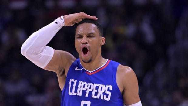 Jan 23, 2024; Los Angeles, California, USA; Los Angeles Clippers guard Russell Westbrook (0) celebrates after a 3-point basket in the second half against the Los Angeles Lakers at Crypto.com Arena. Mandatory Credit: Jayne Kamin-Oncea-USA TODAY Sports