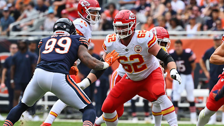 Joe Thuney blocks against the Bears at Soldier Field, his new home after being acquired via trade with Kansas City. Joe Thuney blocks against the Bears at Soldier Field, his new home after being acquired via trade with Kansas City.