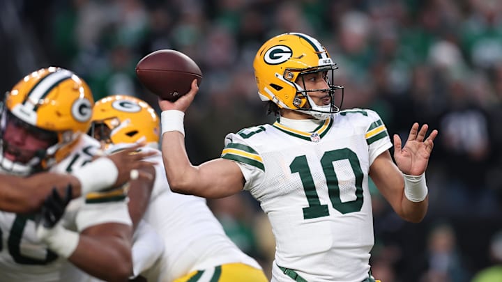 Jan 12, 2025; Philadelphia, Pennsylvania, USA; Green Bay Packers quarterback Jordan Love (10) drops back to pass against the Philadelphia Eagles during the first quarter in the NFC wild card game at Lincoln Financial Field. Mandatory Credit: Bill Streicher-Imagn Images Jan 12, 2025; Philadelphia, Pennsylvania, USA; Green Bay Packers quarterback Jordan Love (10) drops back to pass against the Philadelphia Eagles during the first quarter in the NFC wild card game at Lincoln Financial Field. Mandatory Credit: Bill Streicher-Imagn Images