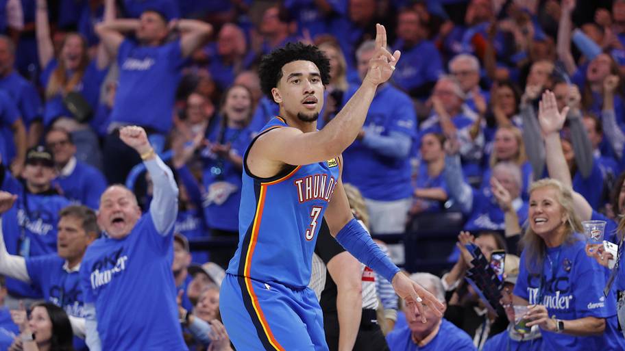 Thunder guard Jared McCain gestures after scoring a three against the Lakers.