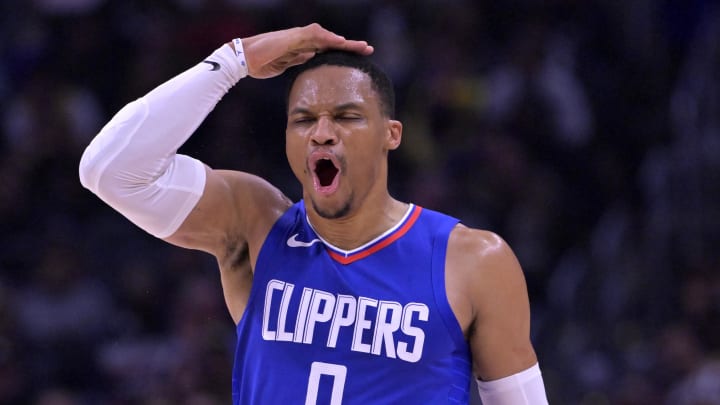 Los Angeles Clippers guard Russell Westbrook (0) celebrates after a 3-point basket in the second half against the Los Angeles Lakers at Crypto.com Arena. Mandatory Credit: