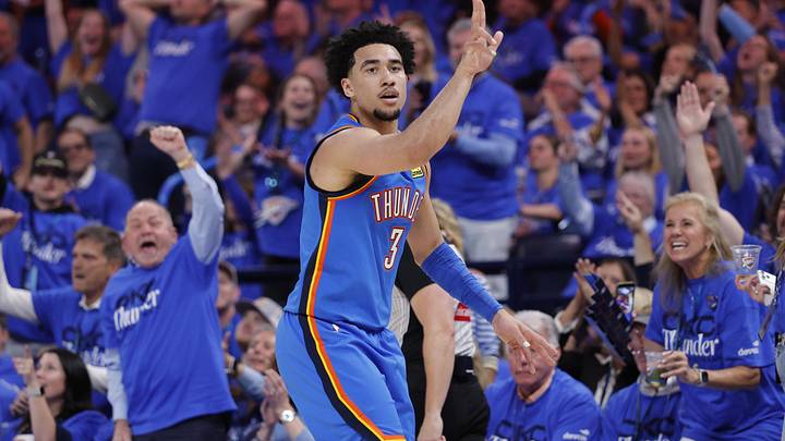 May 5, 2026; Oklahoma City, Oklahoma, USA; Oklahoma City Thunder guard Jared McCain (3) gestures after scoring a three point basket against the Los Angeles Lakers in the second half during game one of the second round of the 2026 NBA Playoffs at Paycom Center. Mandatory Credit: Alonzo Adams-Imagn Images