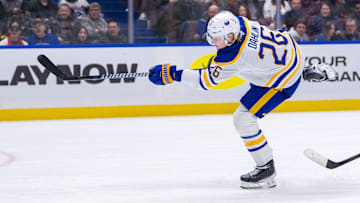 Jan 21, 2025; Vancouver, British Columbia, CAN; Buffalo Sabres defenseman Rasmus Dahlin (26) shoots against the Vancouver Canucks in the third period at Rogers Arena. Mandatory Credit: Bob Frid-Imagn Images