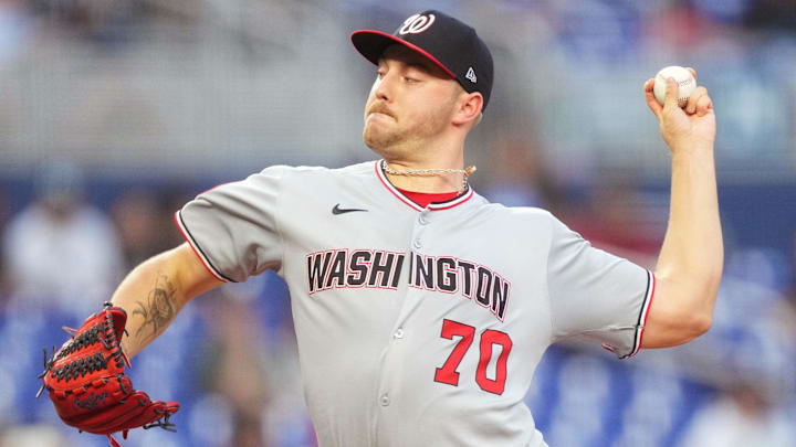 Apr 11, 2025; Miami, Florida, USA;  Washington Nationals pitcher Mitchell Parker (70) pitches against the Miami Marlins in the first inning at loanDepot Park.