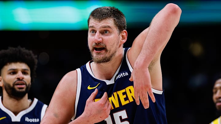 Mar 5, 2026; Denver, Colorado, USA; Denver Nuggets center Nikola Jokic (15) gestures after a play in the third quarter against the Los Angeles Lakers at Ball Arena. Mandatory Credit: Isaiah J. Downing-Imagn Images