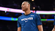 Apr 5, 2025; Philadelphia, Pennsylvania, USA; Minnesota Timberwolves guard Jaylen Clark (22) warms up before the game against the Philadelphia 76ers at Wells Fargo Center. Mandatory Credit: Kyle Ross-Imagn Images