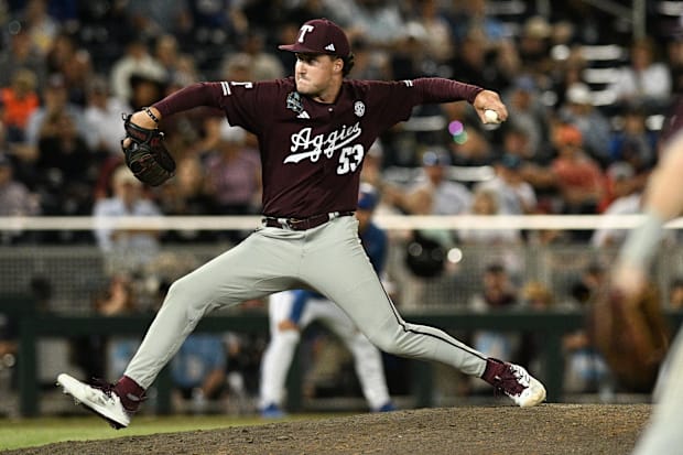 Texas A&M Aggies pitcher Evan Aschenbeck (53) throws against the Florida Gators during the eighth inning at Charles Schwab Fi