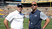 Sep 10, 2016; Pittsburgh, PA, USA;  Pittsburgh Panthers head coach Pat Narduzzi (L) and Penn State Nittany Lions head coach James Franklin (R) talk at mid-field before their teams play at Heinz Field. Mandatory Credit: Charles LeClaire-Imagn Images