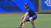 Jun 24, 2025; Kansas City, Missouri, USA;  Kansas City Royals shortstop Bobby Witt Jr. (7) takes fielding practice before a game against the Tampa Bay Rays at Kauffman Stadium. Mandatory Credit: Peter Aiken-Imagn Images