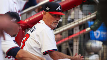Jun 19, 2025; Atlanta, Georgia, USA; Atlanta Braves manager Brian Snitker (43) in the dugout against the New York Mets in the fifth inning at Truist Park. Mandatory Credit: Brett Davis-Imagn Images
