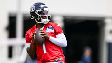 Tennessee Titans quarterback Cam Ward (1) goes through throwing drills during Rookie Mini Camp at Saint Thomas Sports Park. 