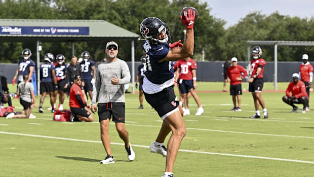 Houston Texans wide receiver Jayden Higgins (81) participates in a drill during an NFL football minicamp at NRG Stadium. 