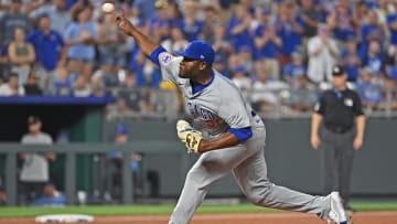 Jul 27, 2024; Kansas City, Missouri, USA;  Chicago Cubs relief pitcher Hector Neris (51) delivers a pitch in the ninth inning against the Kansas City Royals at Kauffman Stadium. Mandatory Credit: Peter Aiken-USA TODAY Sports