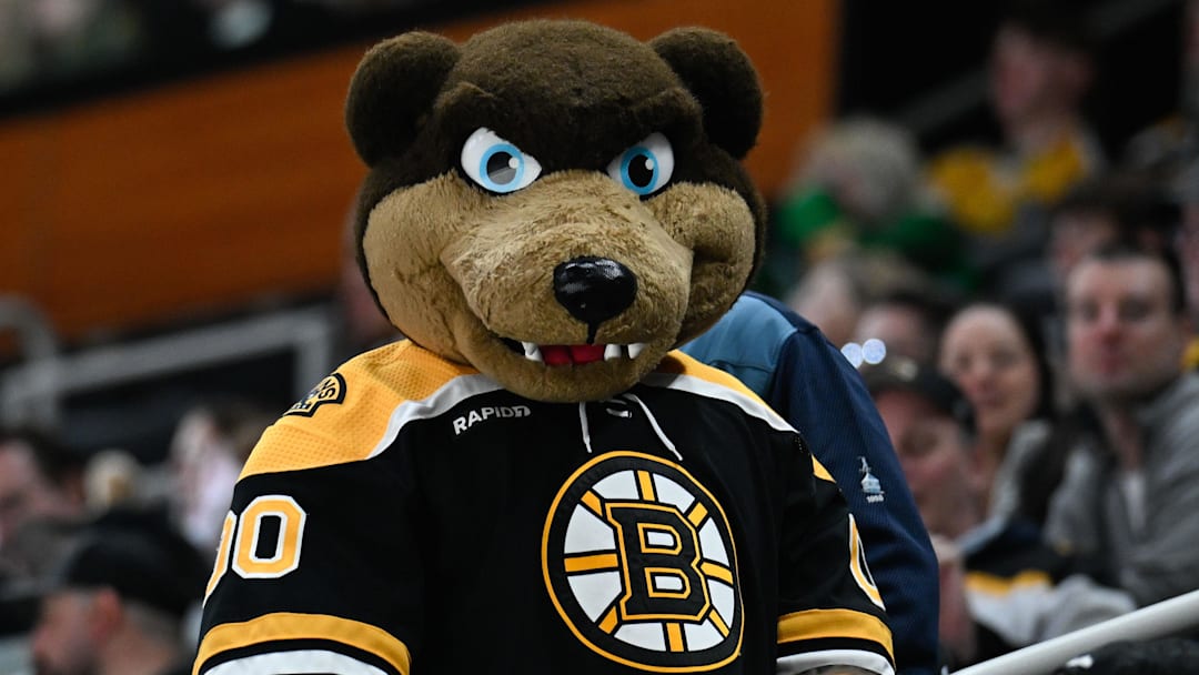 Mar 15, 2025; Boston, Massachusetts, USA; Boston Bruins mascot Blades entertains fans during the third period against the Tampa Bay Lightning at TD Garden. Mandatory Credit: Eric Canha-Imagn Images
