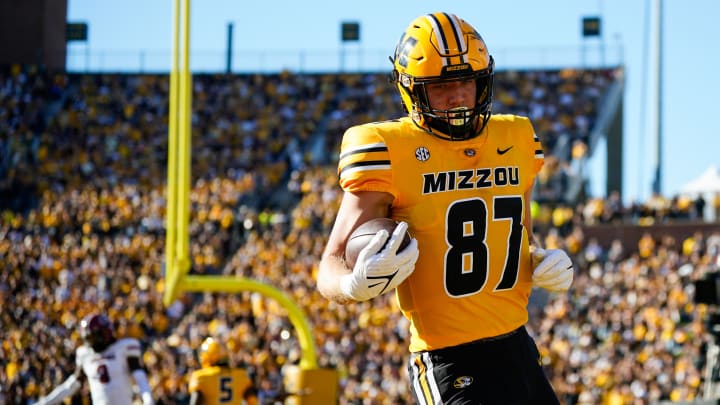 Oct 21, 2023; Columbia, Missouri, USA; Missouri Tigers tight end Brett Norfleet (87) catches a pass during the first half against the South Carolina Gamecocks at Faurot Field at Memorial Stadium. Mandatory Credit: Jay Biggerstaff-USA TODAY Sports