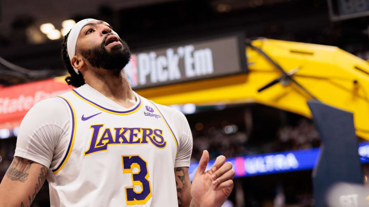 Apr 20, 2024; Denver, Colorado, USA; Los Angeles Lakers forward Anthony Davis (3) reacts to a foul