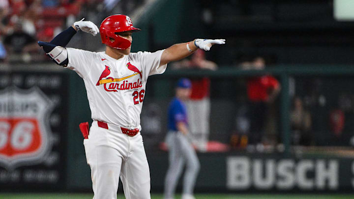 Mar 31, 2026; St. Louis, Missouri, USA; St. Louis Cardinals second baseman JJ Wetherholt (26) reacts after hitting a single against the New York Mets during the third inning at Busch Stadium. Mandatory Credit: Jeff Curry-Imagn Images