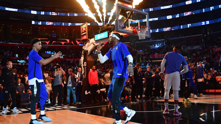 Oct 29, 2023; Los Angeles, California, USA; Los Angeles Clippers forward Robert Covington (23) and forward Kenyon Martin Jr. (6) are introduced before playing against the San Antonio Spurs at Crypto.com Arena. Mandatory Credit: Gary A. Vasquez-USA TODAY Sports