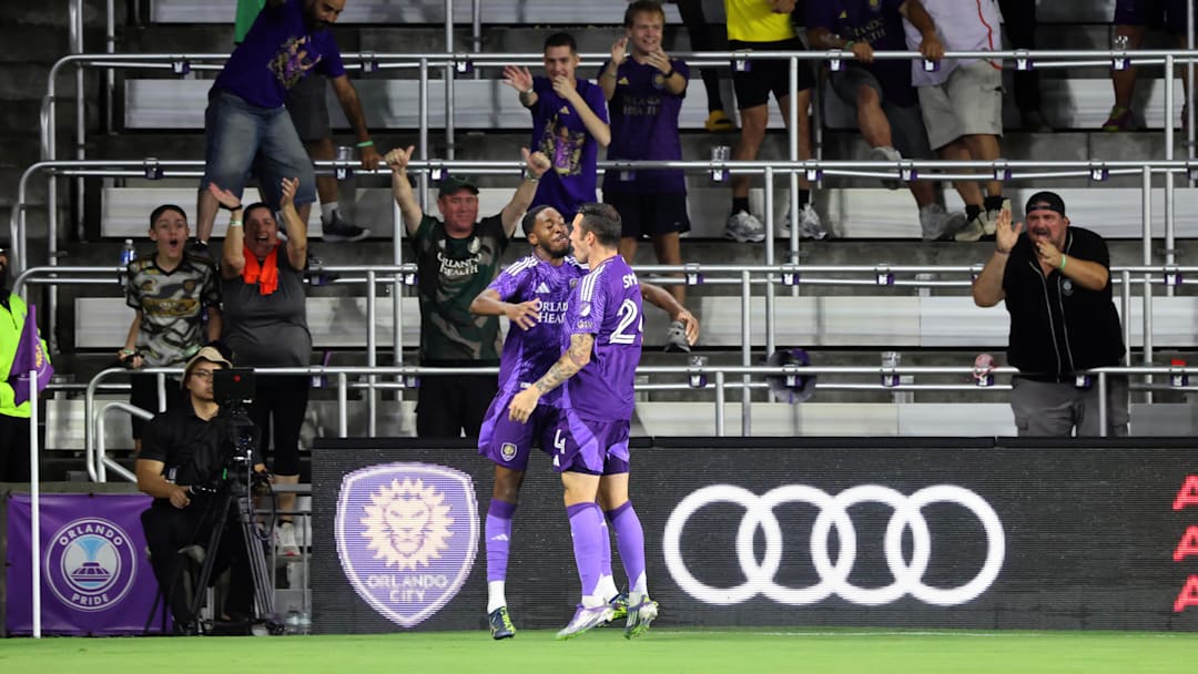 Aug 16, 2025; Orlando, Florida, USA; Orlando City forward Tyrese Spicer (14) celebrates after scoring a goal against the Sporting Kansas City during the first half at Inter&Co Stadium. Mandatory Credit: Kim Klement Neitzel-Imagn Images