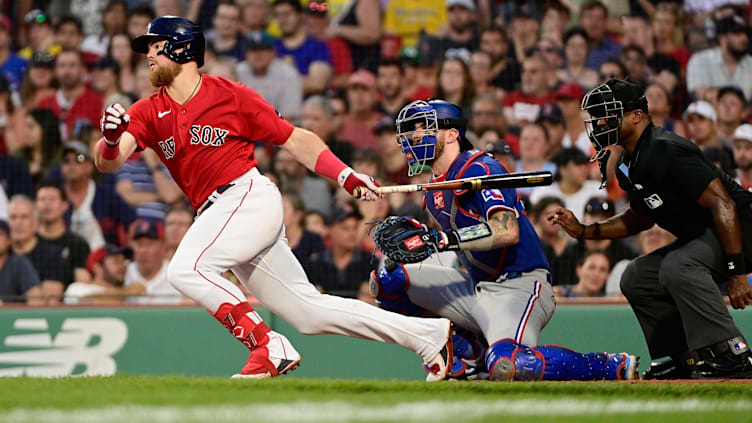 Jul 5, 2023; Boston, Massachusetts, USA; Boston Red Sox second baseman Christian Arroyo (39) hits a