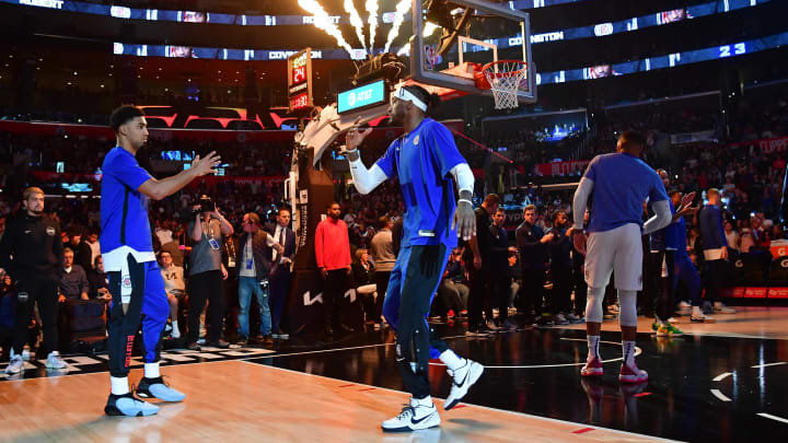 Oct 29, 2023; Los Angeles, California, USA; Los Angeles Clippers forward Robert Covington (23) and forward Kenyon Martin Jr. (6) are introduced before playing against the San Antonio Spurs at Crypto.com Arena. 