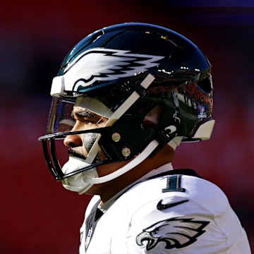 Dec 22, 2024; Landover, Maryland, USA; Philadelphia Eagles quarterback Jalen Hurts (1) warms up before playing against the Washington Commanders at Northwest Stadium. Mandatory Credit: Peter Casey-Imagn Images
