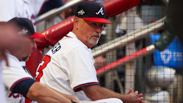 Jun 19, 2025; Atlanta, Georgia, USA; Atlanta Braves manager Brian Snitker (43) in the dugout against the New York Mets in the fifth inning at Truist Park.