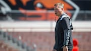 Oregon State head coach Trent Bray walks on the field during the Oregon State Spring Game at Reser Stadium on Saturday, April 19, 2025, in Corvallis, Ore.