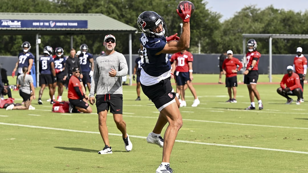 Jun 10, 2025; Houston, TX, USA; Houston Texans wide receiver Jayden Higgins (81) participates in a drill during an NFL football minicamp at NRG Stadium. Mandatory Credit: Maria Lysaker-Imagn Images 