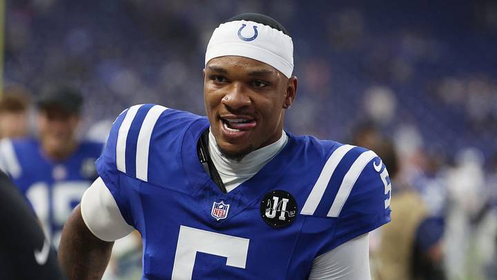 Oct 5, 2025; Indianapolis, Indiana, USA; Indianapolis Colts quarterback Anthony Richardson (5) walks off the field after their win against the Las Vegas Raiders at Lucas Oil Stadium. Mandatory Credit: Trevor Ruszkowski-Imagn Images