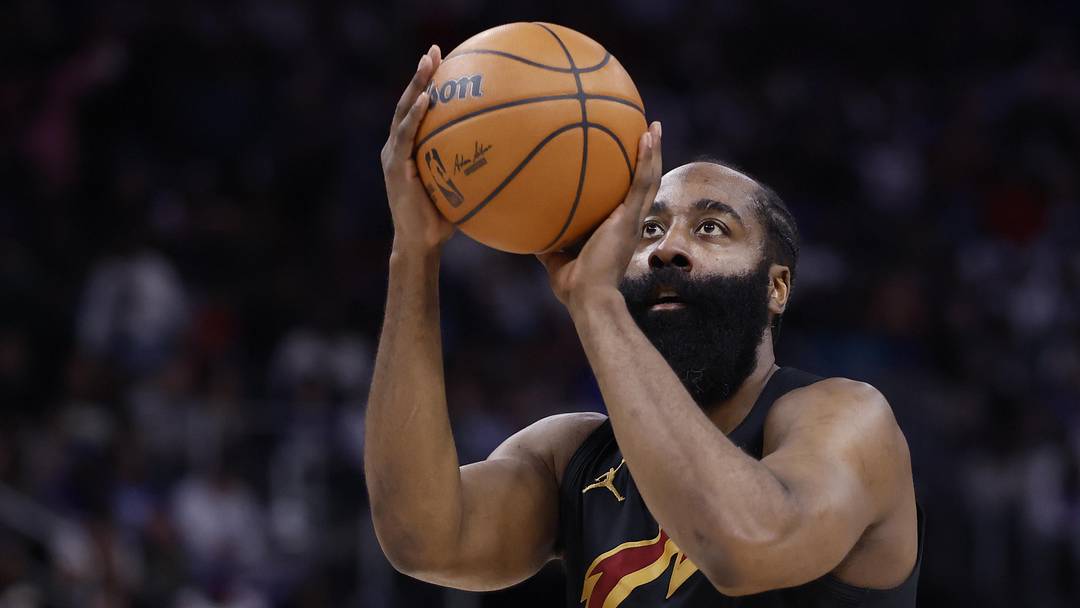 May 7, 2026; Detroit, Michigan, USA; Cleveland Cavaliers guard James Harden (1) shoots in the first half against the Detroit Pistons during game two of the second round of the 2026 NBA Playoffs at Little Caesars Arena. Mandatory Credit: Rick Osentoski-Imagn Images