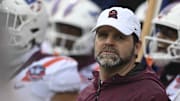 Dec 27, 2023; Annapolis, MD, USA; Virginia Tech Hokies head coach Brent Pry stands with his team prior to being introduced before the game against the Tulane Green Wave at Navy-Marine Corps Memorial Stadium. Mandatory Credit: Tommy Gilligan-Imagn Images