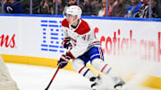 Apr 12, 2025; Toronto, Ontario, CAN;  Montreal Canadiens defenseman Lane Hutson (48) turns behind his goal against the Toronto Maple Leafs in the first period at Scotiabank Arena. Mandatory Credit: Dan Hamilton-Imagn Images