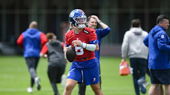 May 10, 2025; East Rutherford, NJ, USA; New York Giants quarterback Jaxson Dart (6) throws a pass during rookie minicamp at Quest Diagnostics Training Center.  
