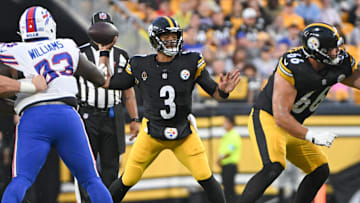 Aug 17, 2024; Pittsburgh, Pennsylvania, USA;  Pittsburgh Steelers quarterback Russell Wilson (3) passes against the Buffalo Bills during the second quarter at Acrisure Stadium. Mandatory Credit: Barry Reeger-Imagn Images