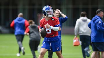 May 10, 2025; East Rutherford, NJ, USA; New York Giants quarterback Jaxson Dart (6) throws a pass during rookie minicamp at Quest Diagnostics Training Center.  