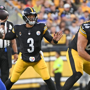 Aug 17, 2024; Pittsburgh, Pennsylvania, USA;  Pittsburgh Steelers quarterback Russell Wilson (3) passes against the Buffalo Bills during the second quarter at Acrisure Stadium. Mandatory Credit: Barry Reeger-Imagn Images