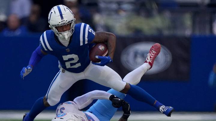 Indianapolis Colts wide receiver Josh Downs (2) pulls in a pass and reaches the first down marker Sunday, Oct. 18, 2026, during the game against the Tennessee Titans at Lucas Oil Stadium in Indianapolis.