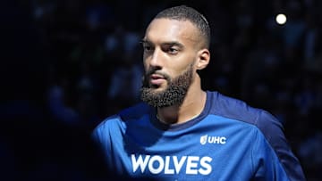 Minnesota Timberwolves center Rudy Gobert walks out to play the Orlando Magic before a game at Target Center in Minneapolis on March 14, 2025.